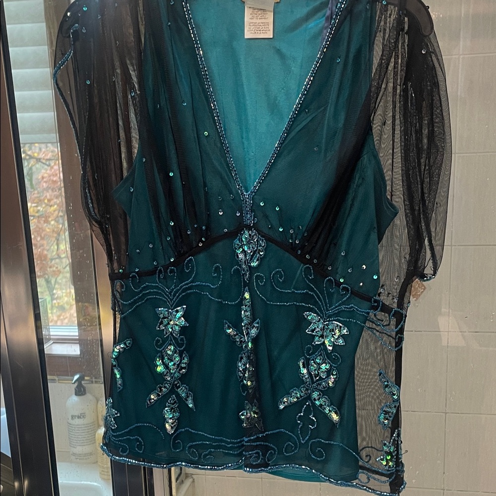 Midnight Velvet Teal Embellished Beaded Sheer Overlay Top